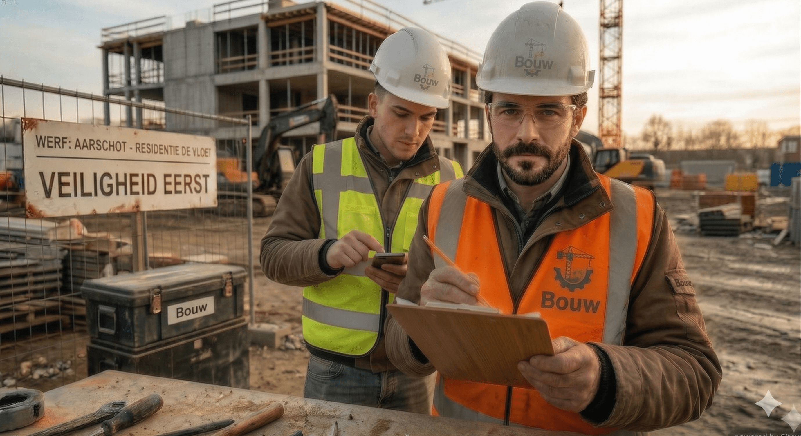 Werfmedewerkers op de bouwplaats die met checklist en smartphone werken
