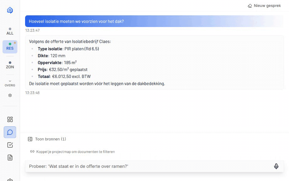 SiteWhiz AI chatbot beantwoordt een vraag over isolatie met bronnen uit het projectdossier